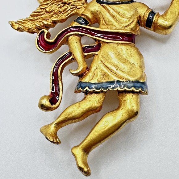 Vintage Museum of American Folk Art Angel Trumpeting Brooch Gold Tone Enamel - Picture 2 of 15